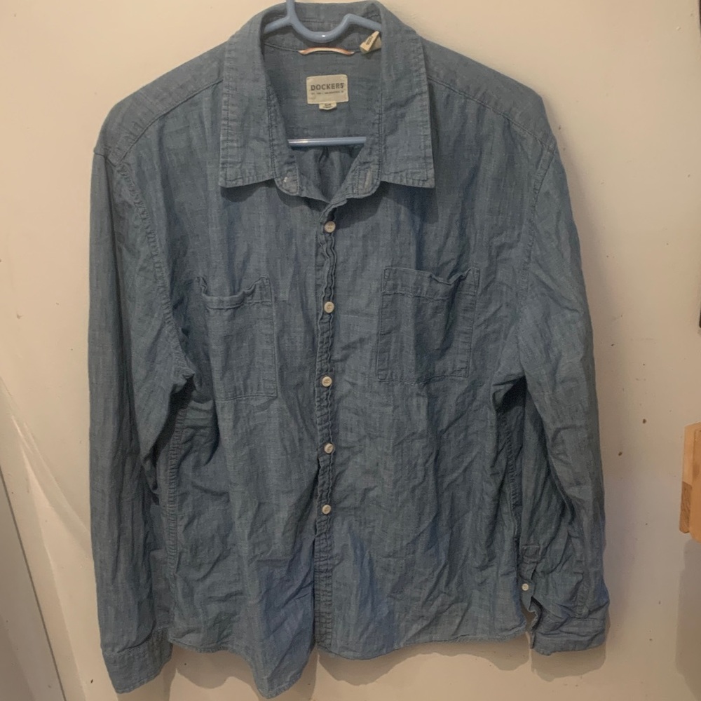 Sexy Vintage Dockers Light Blue Denim Cowboy Shirt 100% Cotton SZ XL Slim Fit